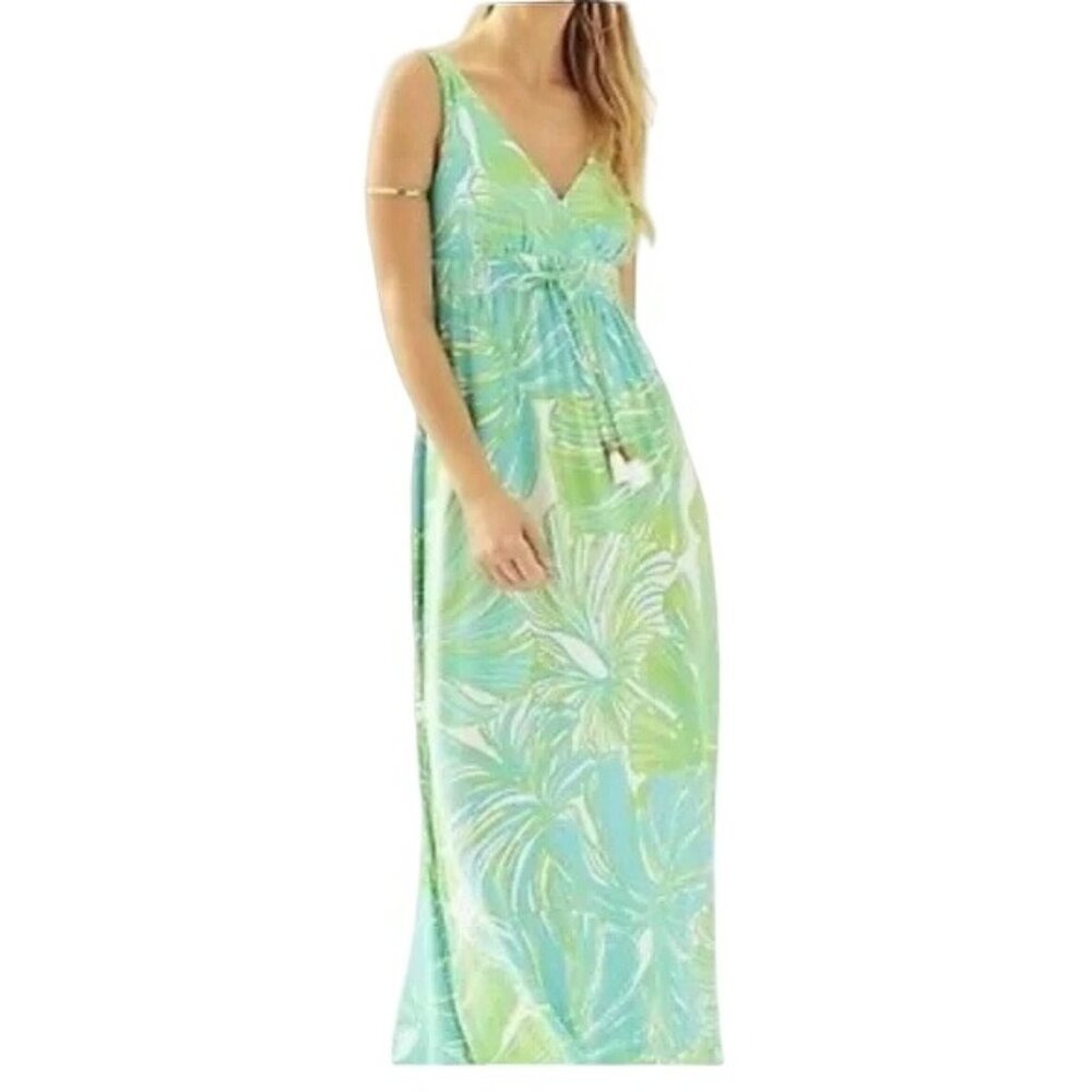 Lilly Pulitzer Sleeveless Isla Blue Green Fonds Place Floral Maxi Dress Medium